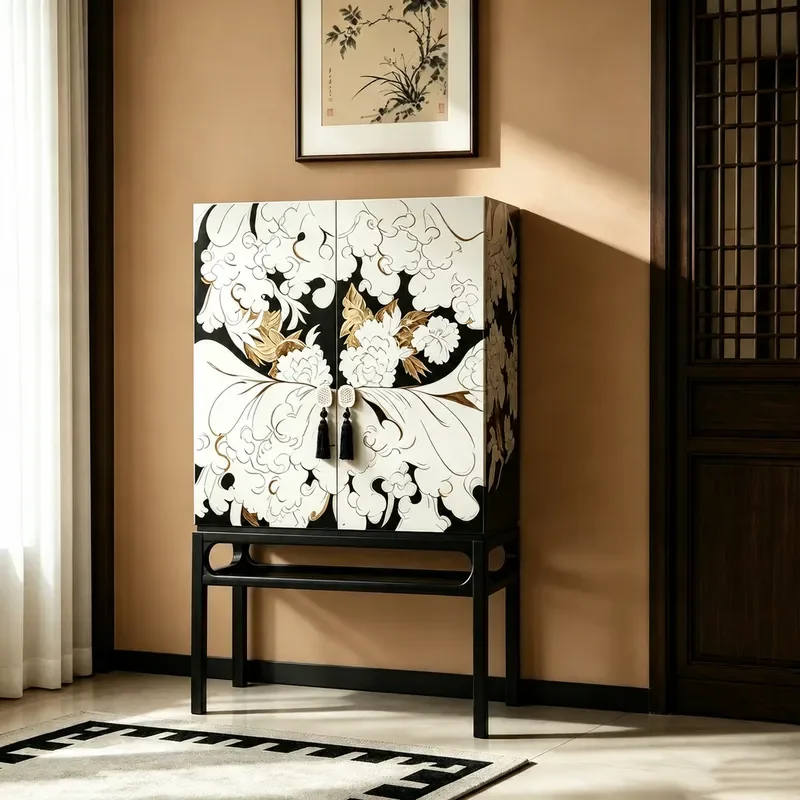 New Chinese Style Peony Flower and Bird Pattern Solid Wood Double Door Entrance Cabinet High Storage Cabinet for Living Room