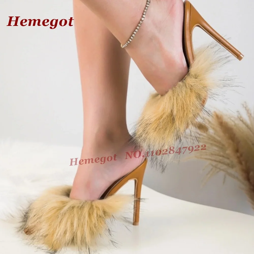

Fluffy Faux Fur Open Toe Mule Heels Slippers Slip-On Thin Stiletto Slide Sandals Brown Patchwork Outside Summer Shoes Elegant