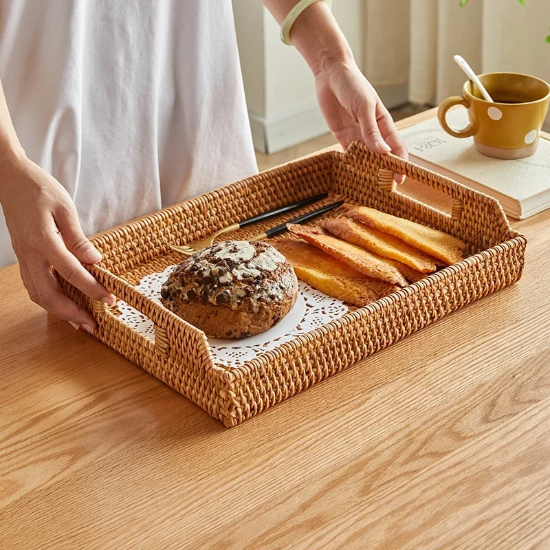 

Rectangle Wicker Tray Picnic Basket Bread Food Plate Fruit Cake Sundries Box Handwoven Rattan Storage Basket Home Desk Decoret