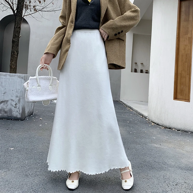 

Thiened White Knitted Tassel Fi Tail Skirt f Skirt Women's Autumn Winter High Waist Slimming Bodycon A-Line Long Skirt