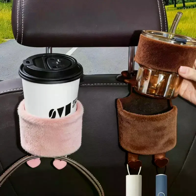 Universal Car Headrest Hook with Flocking Cup Holder Durable Storage Hanger for Car Interior Road Trip Use