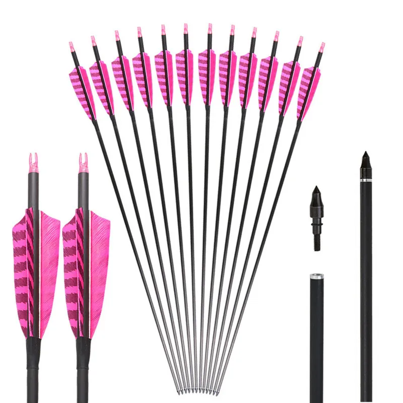 

6/12PCS Pure Carbon Arrows with Pink Turkey Feather Women Arrows Practice Hunting Shooting Target Archery Arrow Bow Accessories