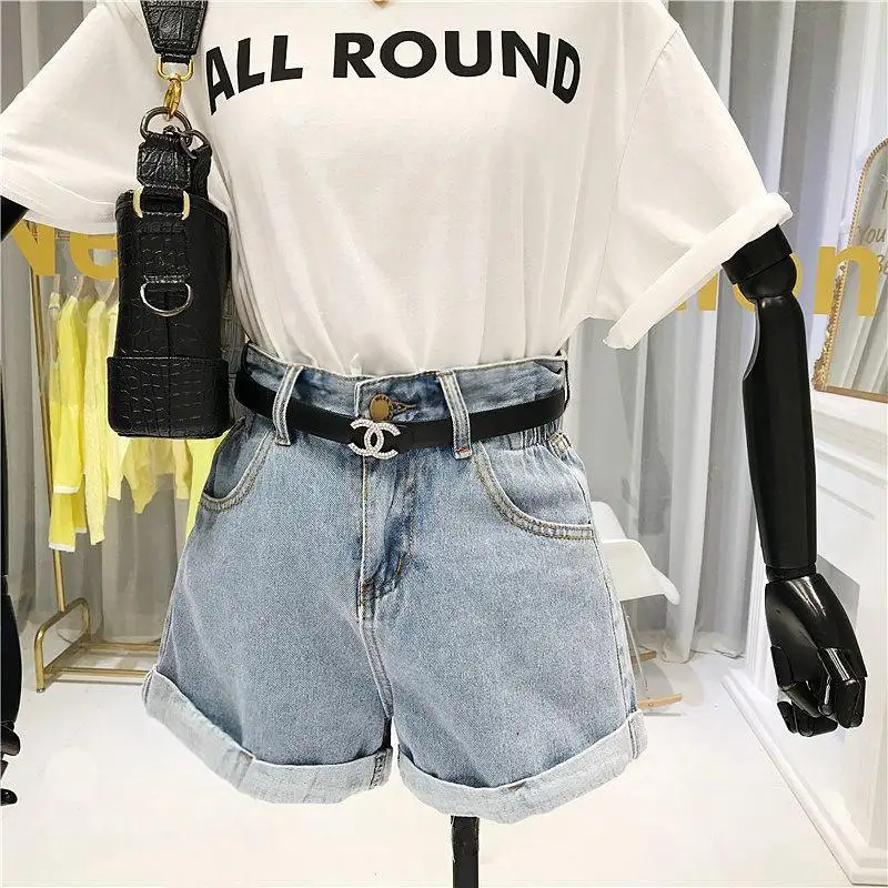Retro High Waist Wide Leg Jeans Shorts Women's Summer Fashion Washed Cuffed Slimming Hot Pants Casual Commute Style