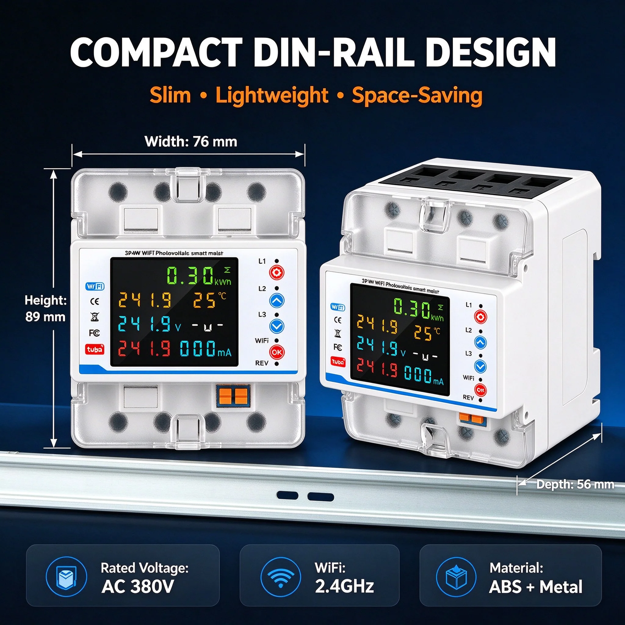 3 Phase Tuya WiFi Smart Energy KWh Meter DIN Rail Over Under Voltage Protection Switch Overcurrent Protection, LED Color Display