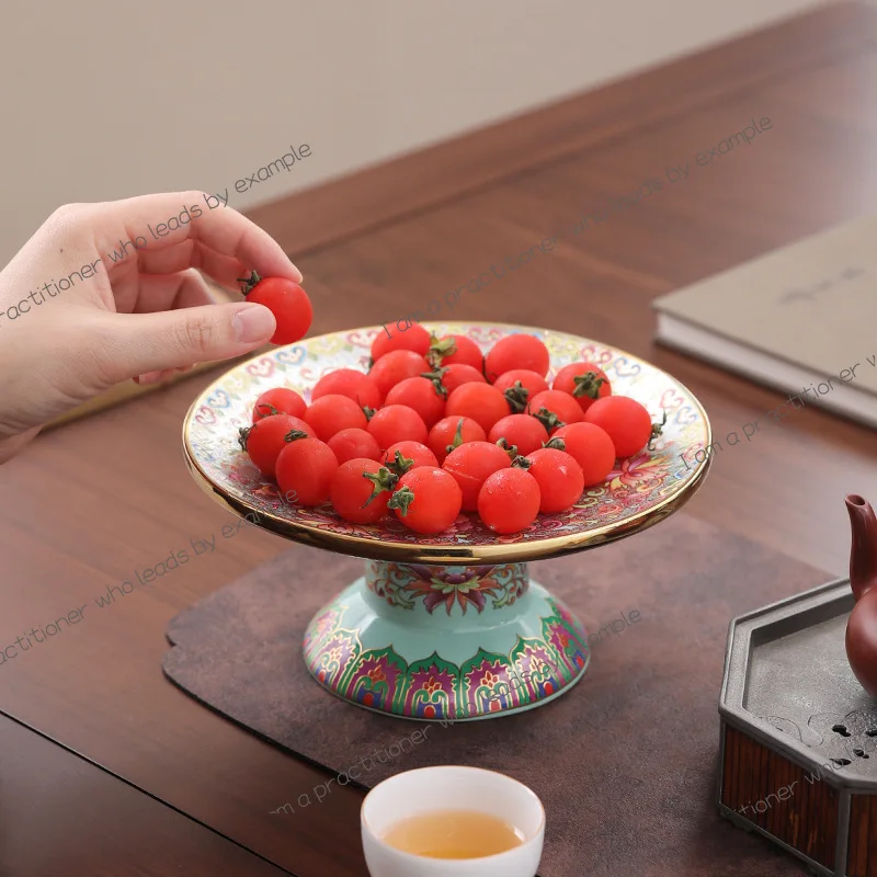 Enamel color Chinese fruit plate high foot plate ceramic for tray household tribute tray