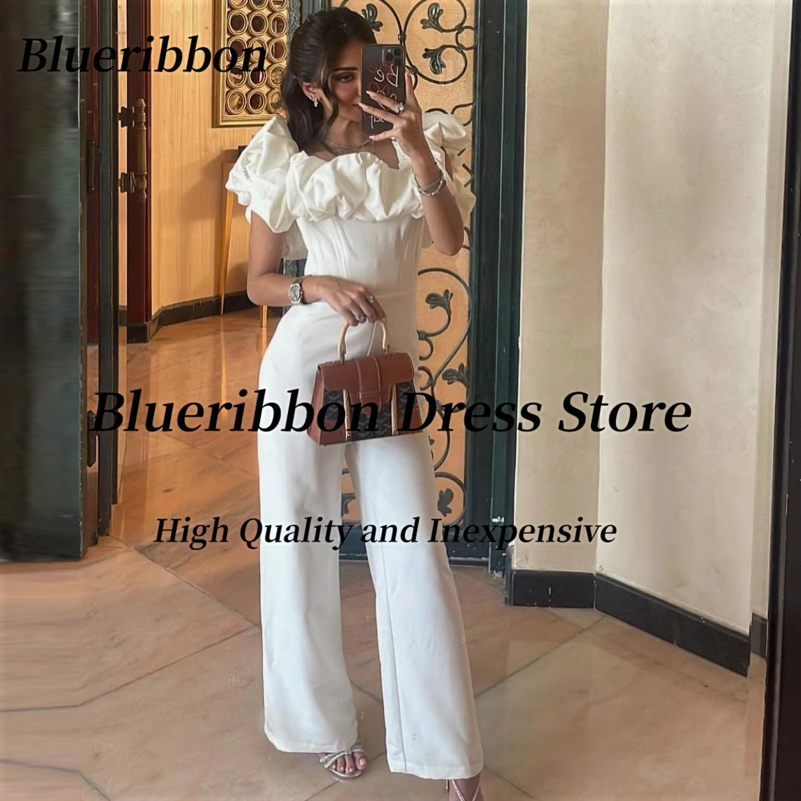 Blueribbon Women Wear Jumpsuits for Evening Party Ruffles Bateau Neck Zipper Back Prom Dress Long Pant Suit Special Banquet Gown