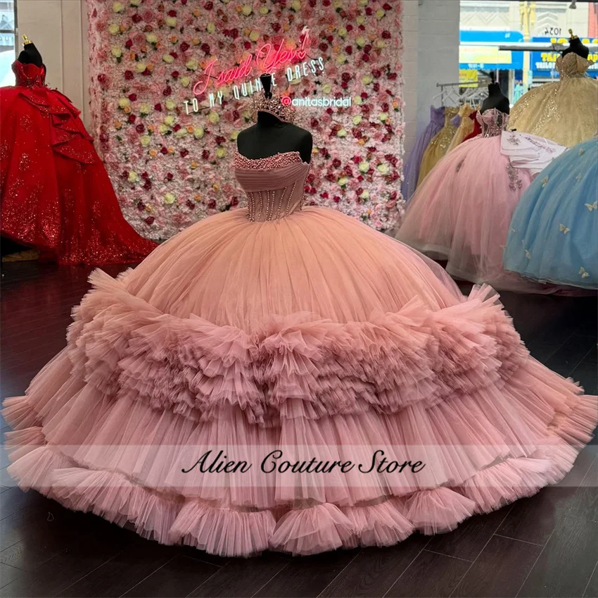 Dust Pink Princess Quinceanera Dress 2025 Bead Crystals Tiered Ruffle 16th Birthday Prom Gown Pearls Ball Gown Customized