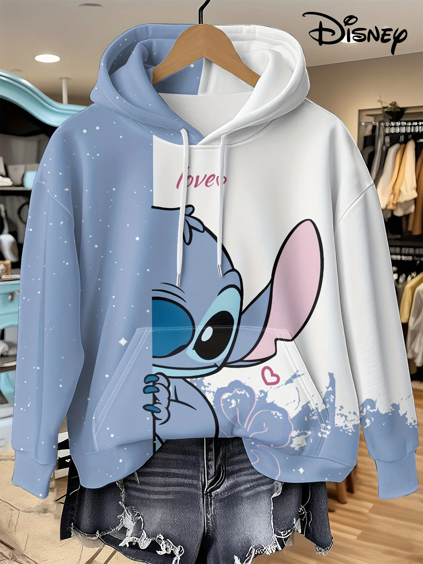 

Disney Stitch Hoodie - Loose Fit Pullover Sweatshirt with Drawstring Hood Large Front Pockets Official Stitch Graphic