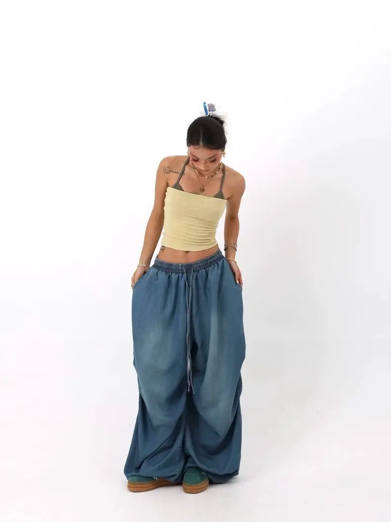 American Retro Drawstring Jeans For Women In Spring And Autumn, Simple And Versatile, Hanging Loose And Wide Leg Pants