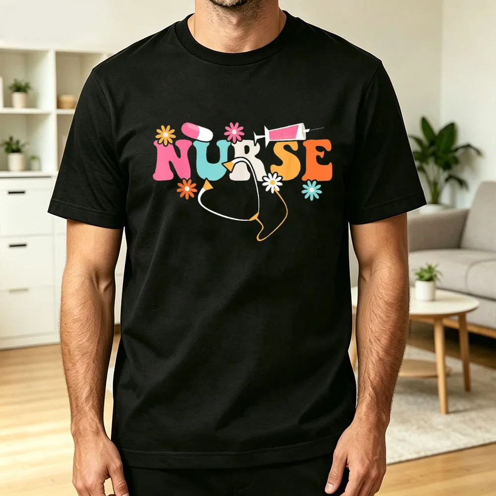 NURSE Summer Men Cotton T-Shirts Groovy Colorful Text Daisy Medical Icon Graphic Nursing School Theme Outdoor Versatile Tops