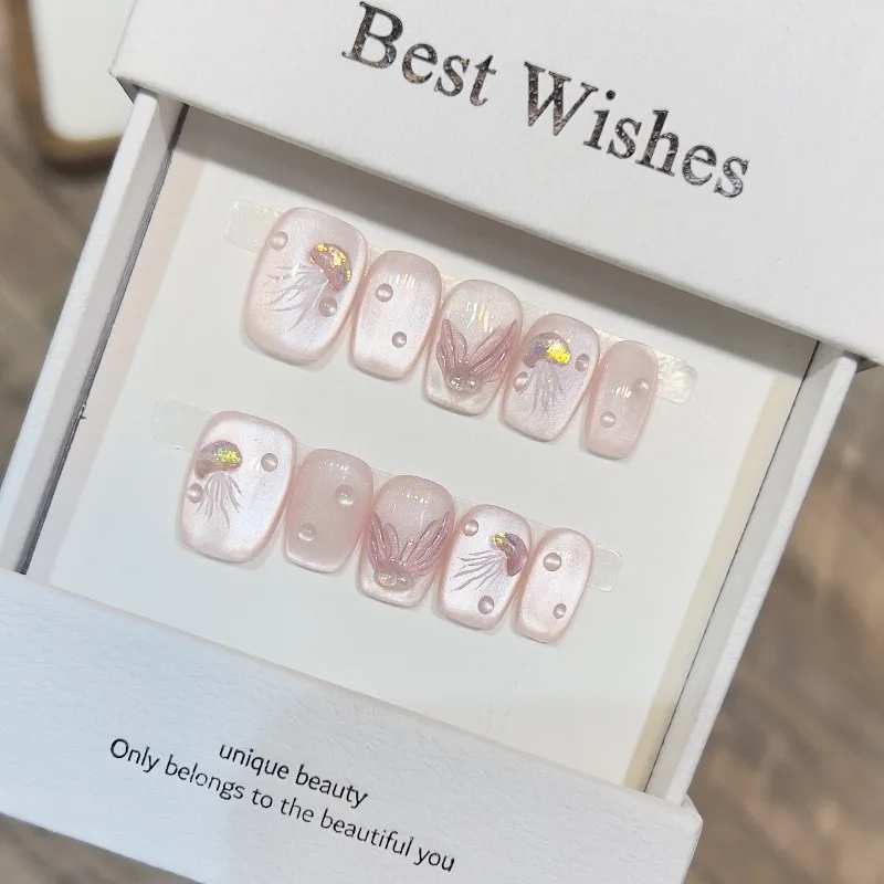 10pcs Handmade Cute Pink Cat's Eye Short Nail Tips Jellyfish Fish Tail Realistic Press on Acrylic Nails Artificial False Nails