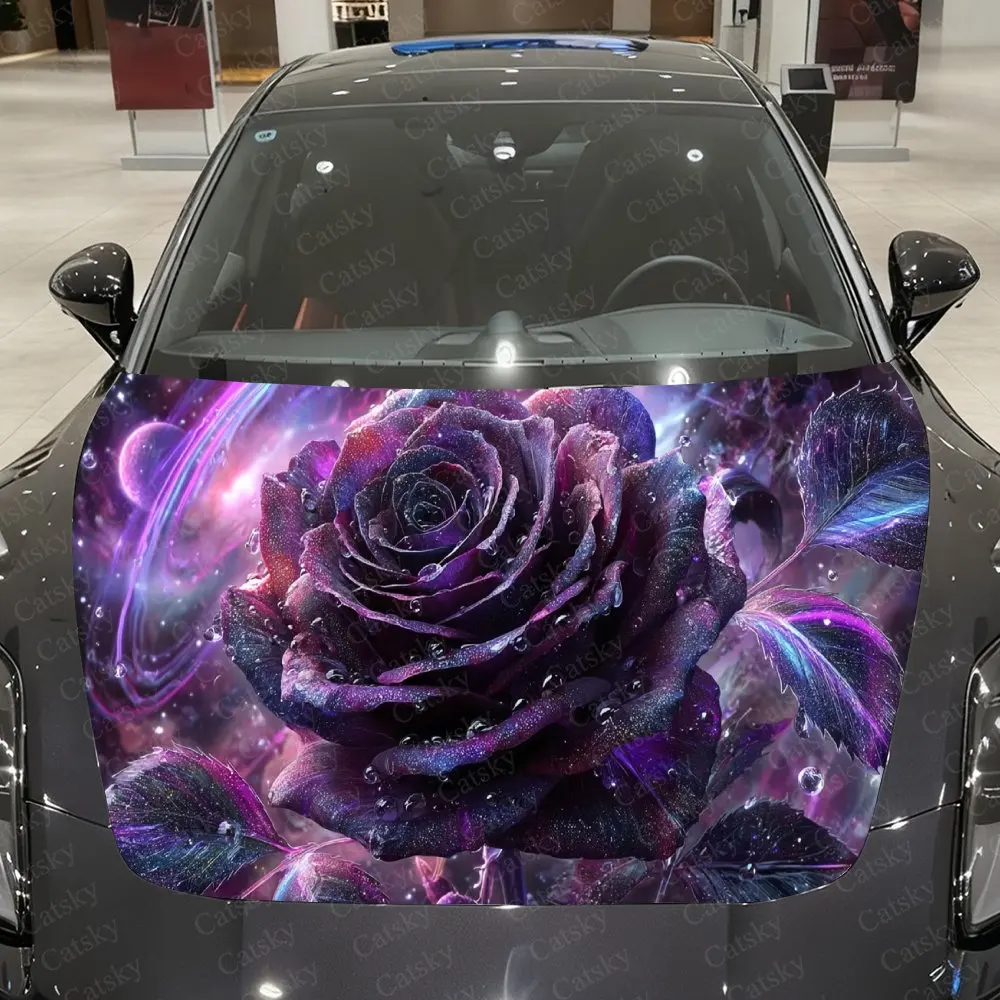 

Nebula Purple Dew Rose Car Vinyl Wrap, PVC Waterproof Car Hood Sticker, Self-Adhesive Scratch-Resistant Sticker for Engine Cover