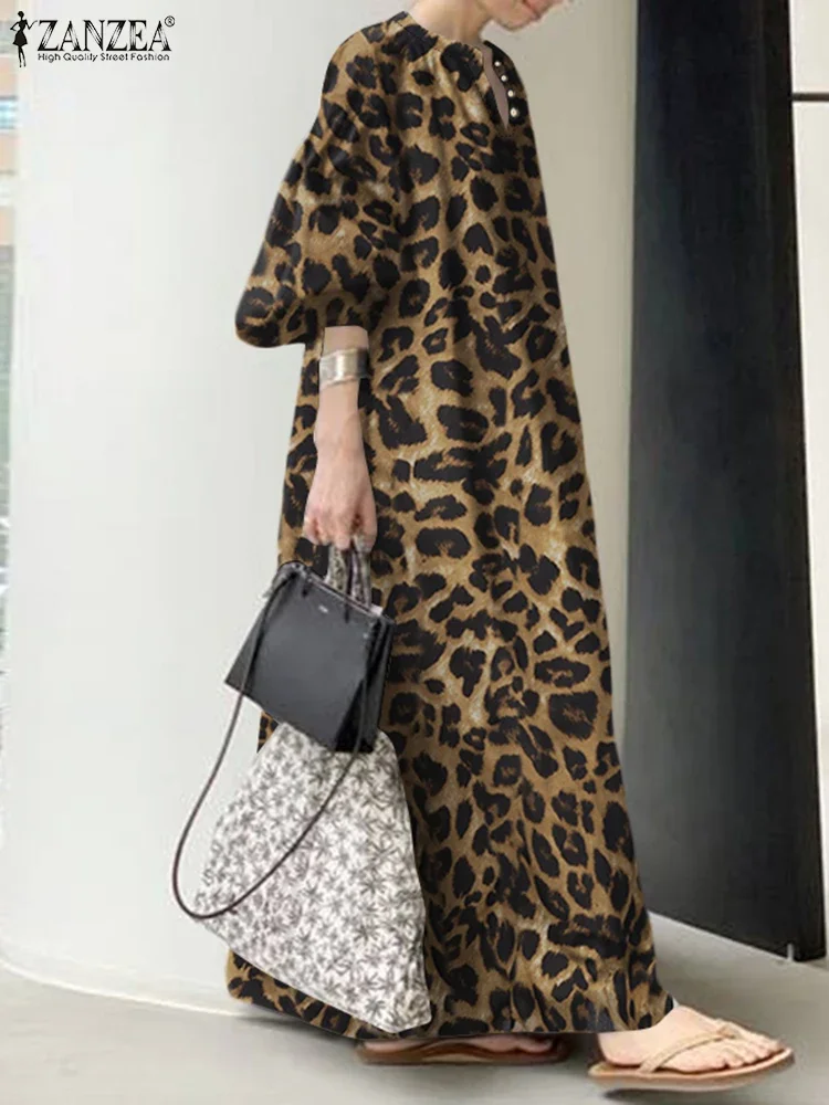 Vestido veraniego de verano 2025, vestido Maxi de leopardo a la moda ZANZEA, Vestidos largos informales con mangas abullonadas, vestido estampado con cuello en V para mujer