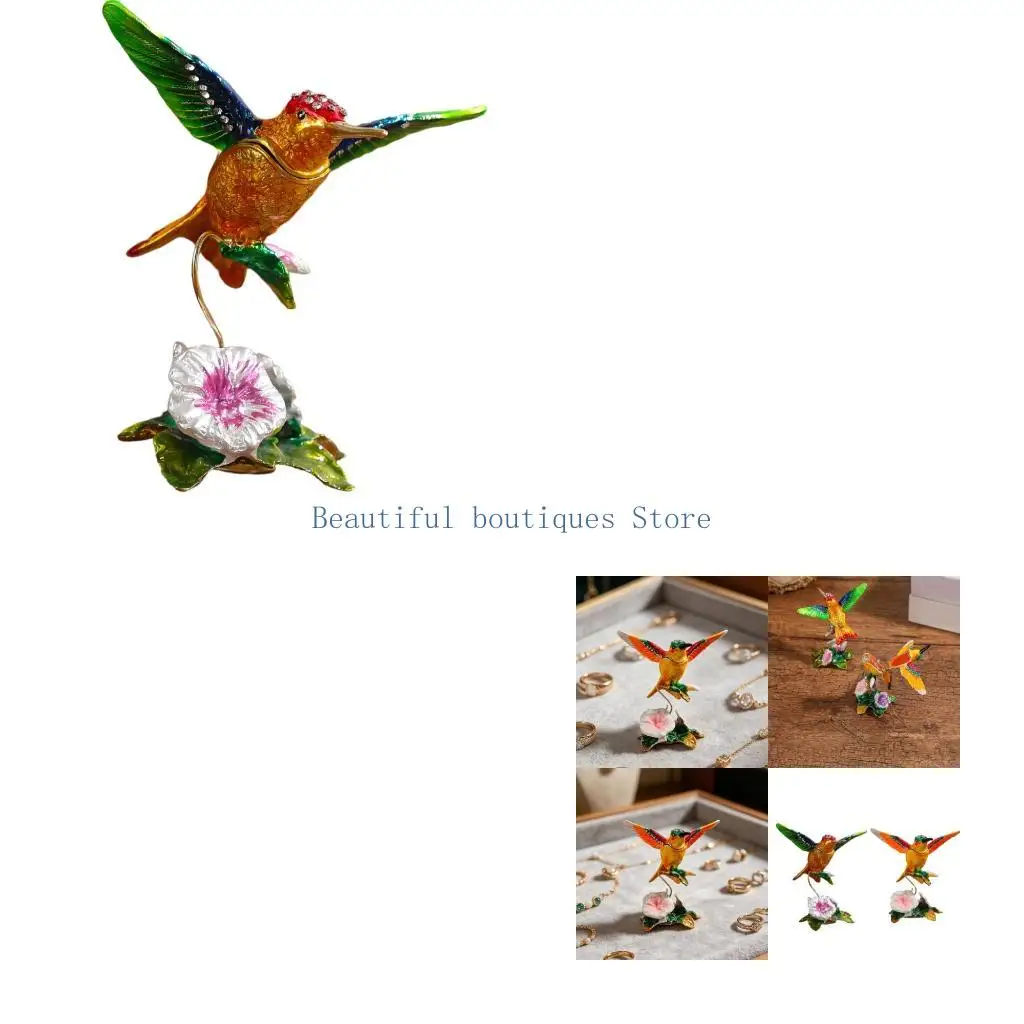 U4LF Dresser Jewelry Storage Box with Hummingbird Shape, Hinged Alloy Body and Flower Base for Vanity Display Use Daily