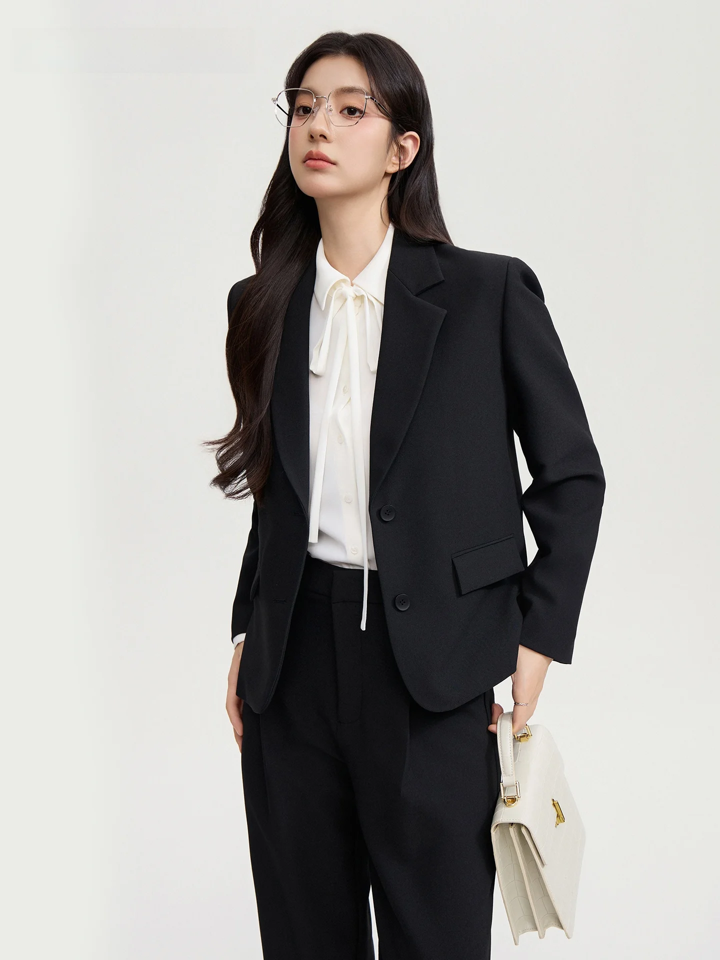 

Good Young ort Women's Two-Button Bla Interview Coat Slimming Suit Set Commute Ele Polyester Fiber Long Sve Pure C...