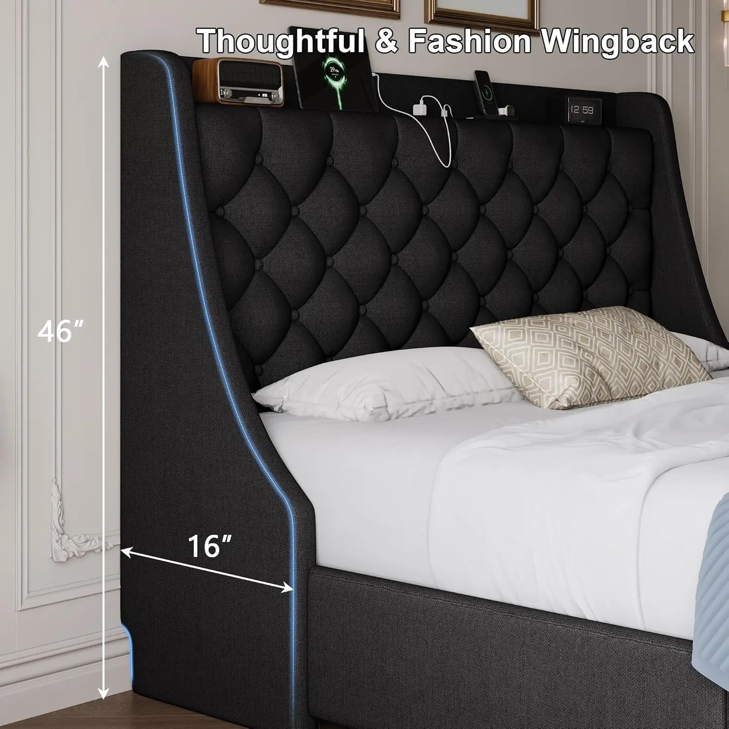 Queen Upholstered Platform Bed Frame with Storage Drawers USB Charging Wingback Headboard Wooden Slats No Box Spring, Customized - view 6