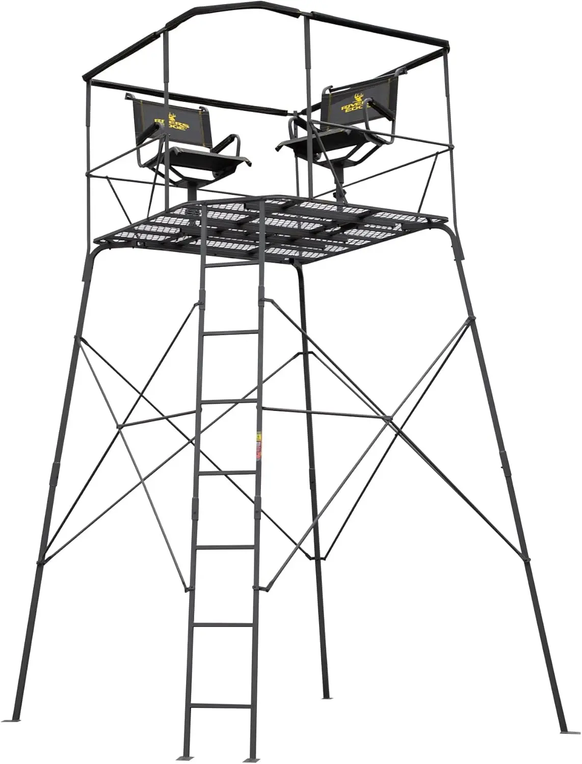 Edge® 12’ 2-Man Quad Pod Tower Stand, TearTuff™ Mesh Seats, 360-Degree Swivel Chairs, Adjustable Padded Shooting Rail, Un