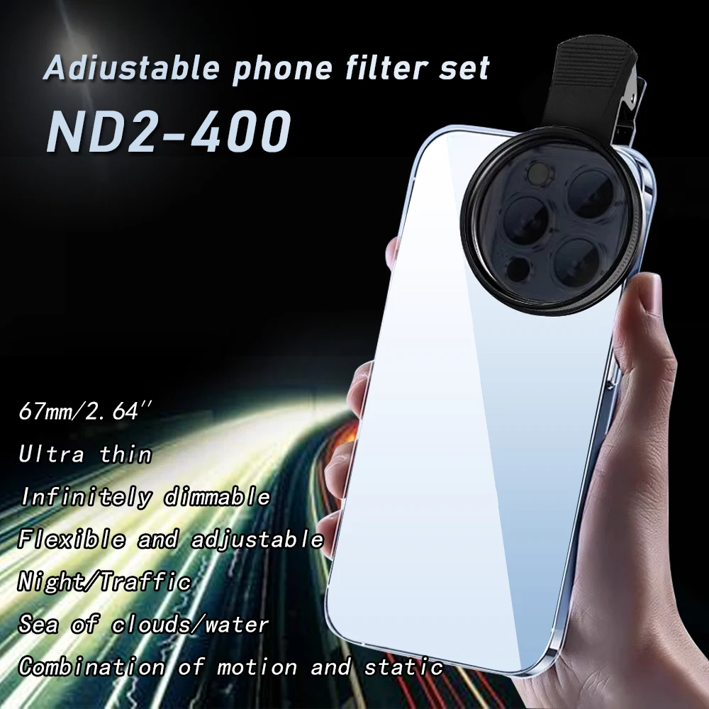 

67mm Clip-On Camera Lens Filter Kit Variable ND Filters Photography Waterproof Adjustable Light Reduction for DSLRs Smartphones