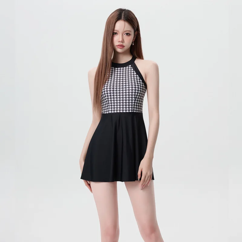 

2024 New Retro Thousand Bird Checker Spliced Sexy Slim Fit Conservative Girl Dress Resort Swimsuit