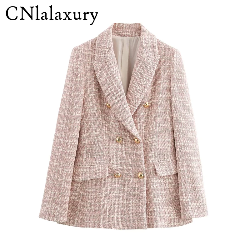 Autumn Fashion Women jacket Double Breasted Tweed Check Blazer Coat Vintage Long Sleeve Pockets Female Outerwear Chic