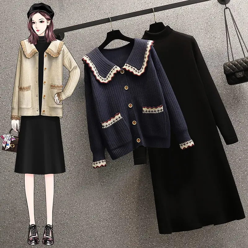 Spring/Autumn New Suit Retro Age Reducing and Slimming Knitted Sweater Cardigan Coat High Neck Mid Length Dress Two Piece Set