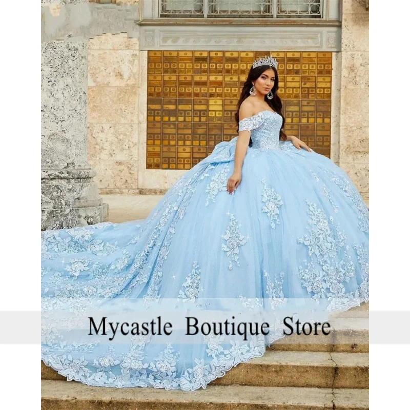 فساتين Quinceanera باللون الأزرق السماوي 2022 بدون أكتاف مزينة بالخرز الحلو 16 فستان Vestidos De 15 anos