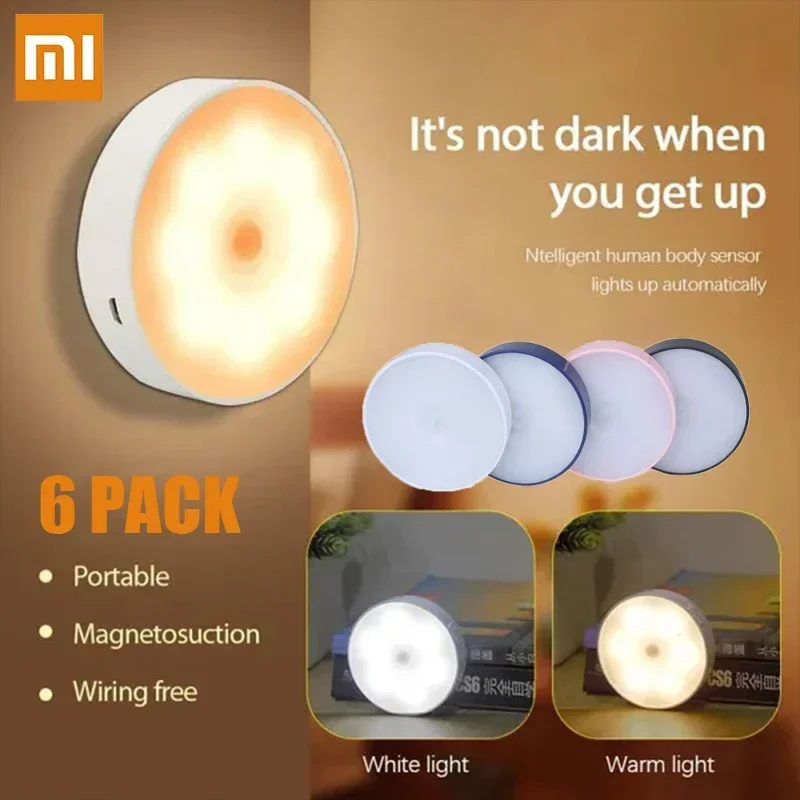 Lampu malam Xiaomi, lampu malam Xiaomi LED dengan PIR Sensor gerak dapat diisi ulang USB kabinet dapur lampu malam untuk dekorasi kamar tidur