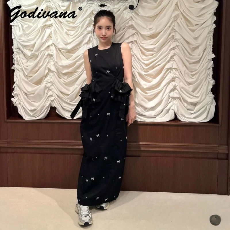 和風新しい夏のレディースエレガントなちょう結びプリントノースリーブロングドレスラウンドネックフリルブラックタンクドレス