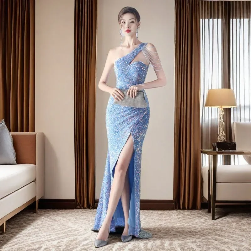 Elegante glanzende avondjurk met pailletten, uit één stuk, luxe gevoel, damesmode, lange mouwloze jurk met normale taille