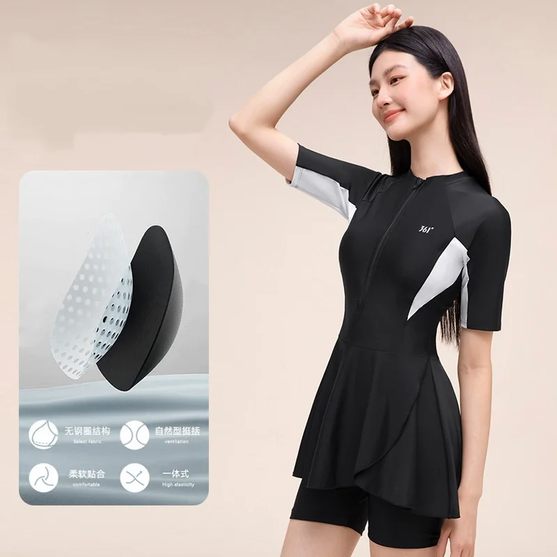 Women One Piece Short Sleeve Front Zipper Outdoor Water Sports Bathing Swim Skirts Professional Quick-Drying Spandex Beach Wear