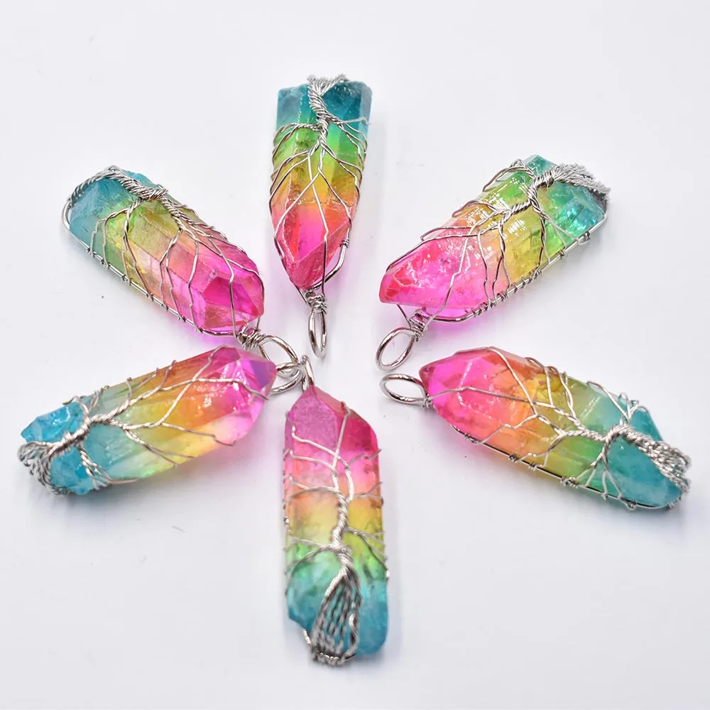 

7 Chakra Crystal Natural/Rainbow Stone Quartz tree of life Pendant Necklace Reiki Healing Chakra Jewelry Wholesale 6Pcs/Lot free