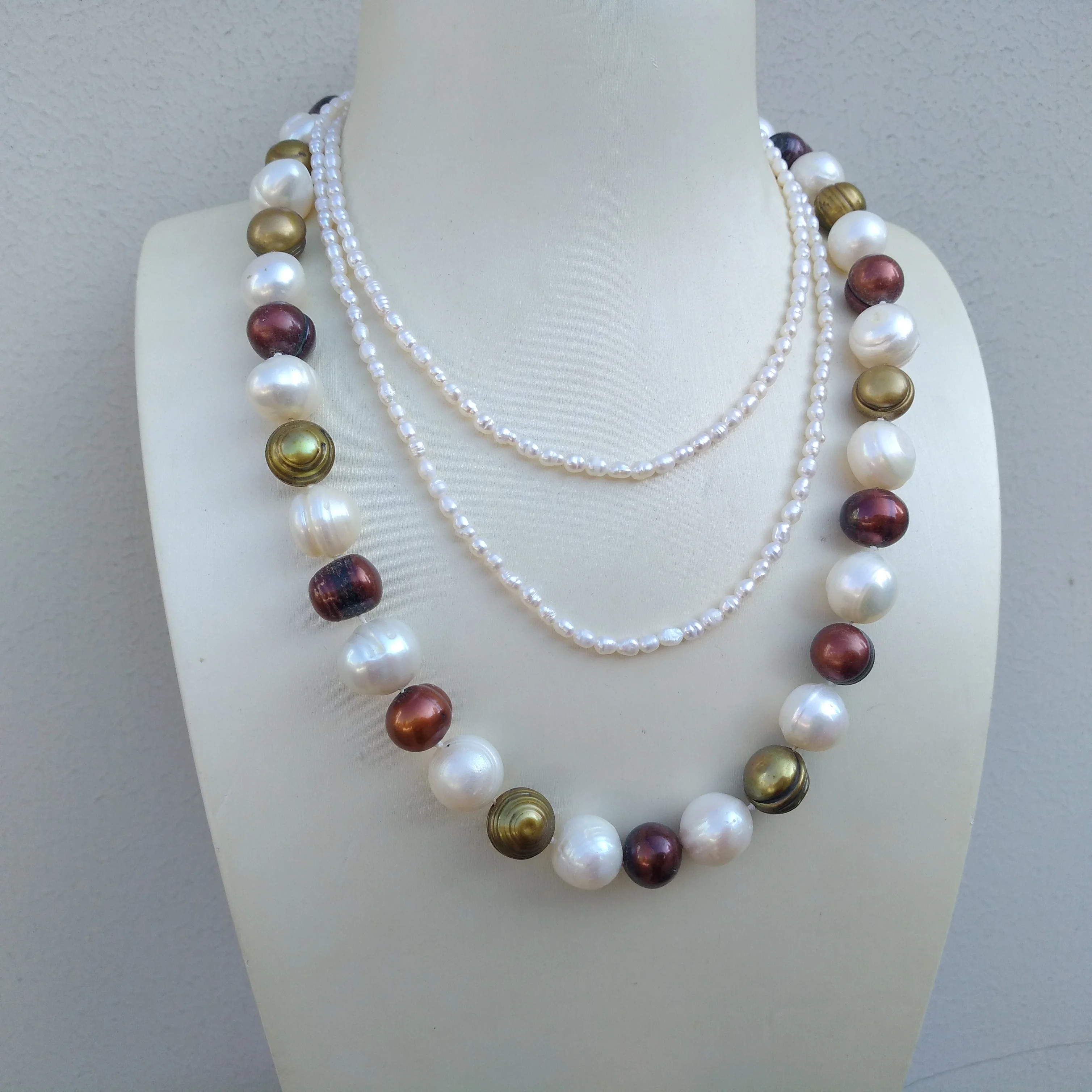 Triple Strands AAA Multi-color 3-10mm Genuine South Sea White Pearl Necklace  45cm Apply Any Occasion