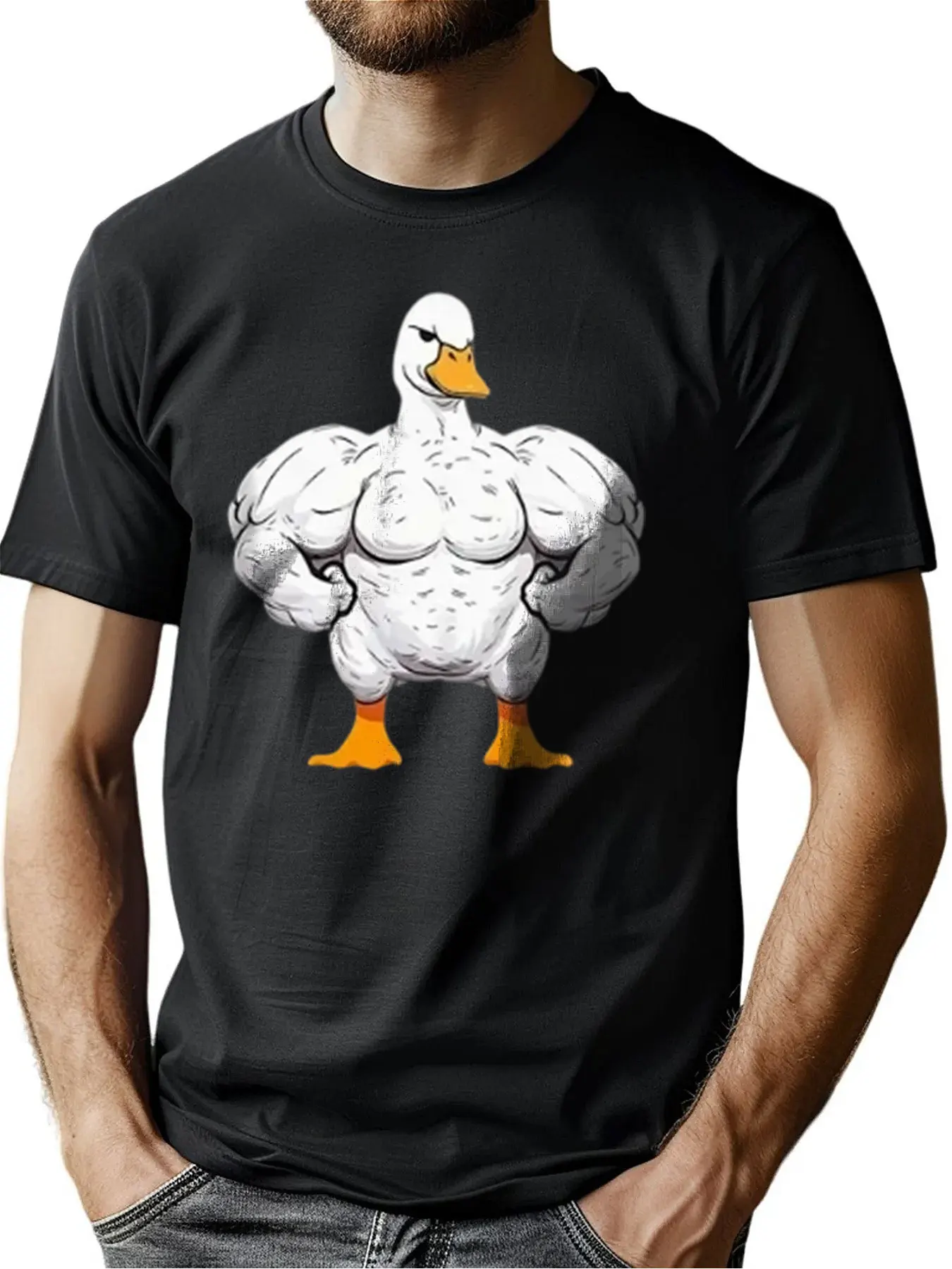 

Muscular Duck Print Premium Cotton Crew Neck Tee Comfort Stretch Fit Machine Washable Halloween Gift For Him Outdoor Versatility