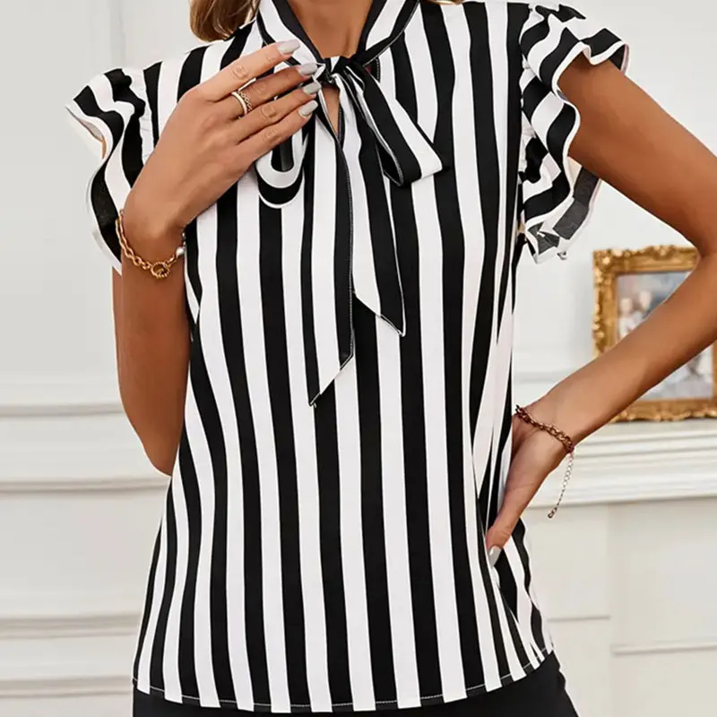 Top da donna a righe con nodo irt e cravatta in vita, orlo a balze, coreano, vestibilità ampia, estate, moda casual