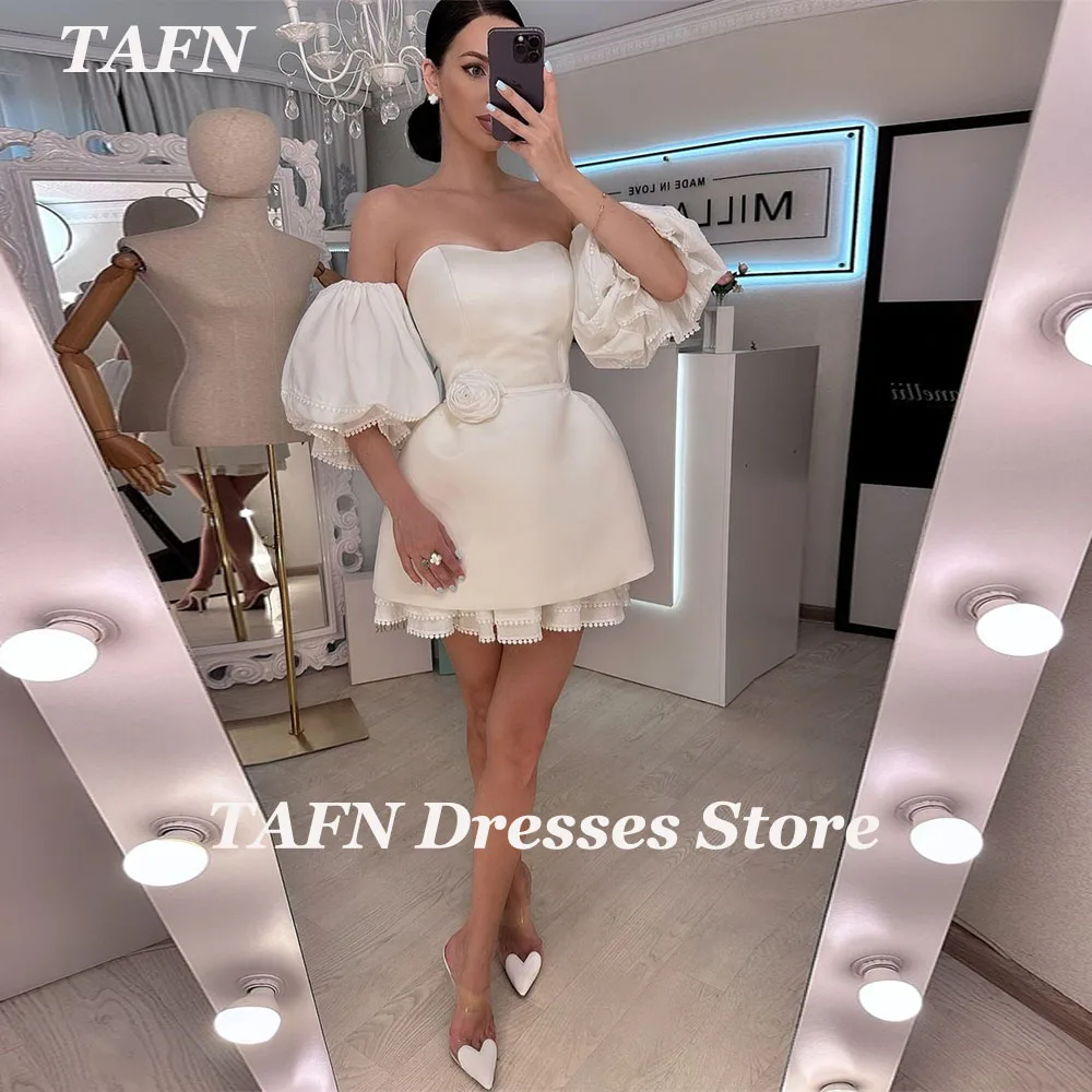 TAFN Short Wedding Dresses Handmade Flower Evening Party Dresses Detachable Sleeves A Line Strapless Mini Bridal Gown