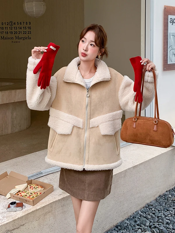 Giacca Invernale da Donna in Pelliccia di Agnello Ispessita, in Velluto di Pelle di Cervo, Calda, Casual, con Collo Alto, Foderata in Pile