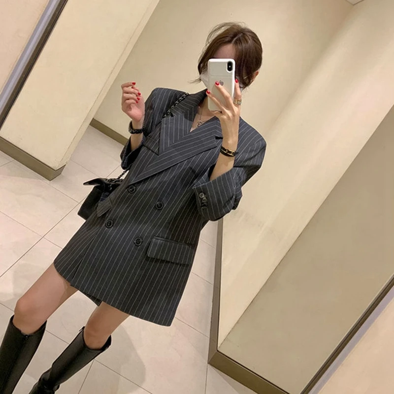 

Модный свободный полосатый костюм-джат с поясом, Гонконгский костюм в стиле ретро, женская весенне-осенне-зимняя повседневная верхняя одежда, пальто