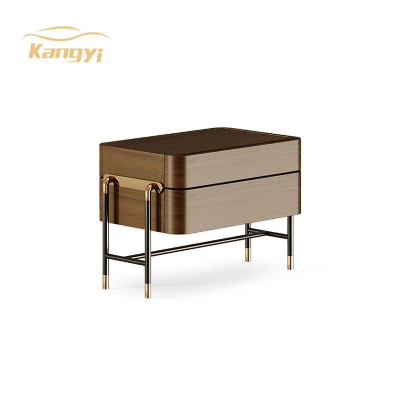 Nightstand Bedroom Table Furniture Stainless Steel Base Bedside Cabinet Walnut Night Stand