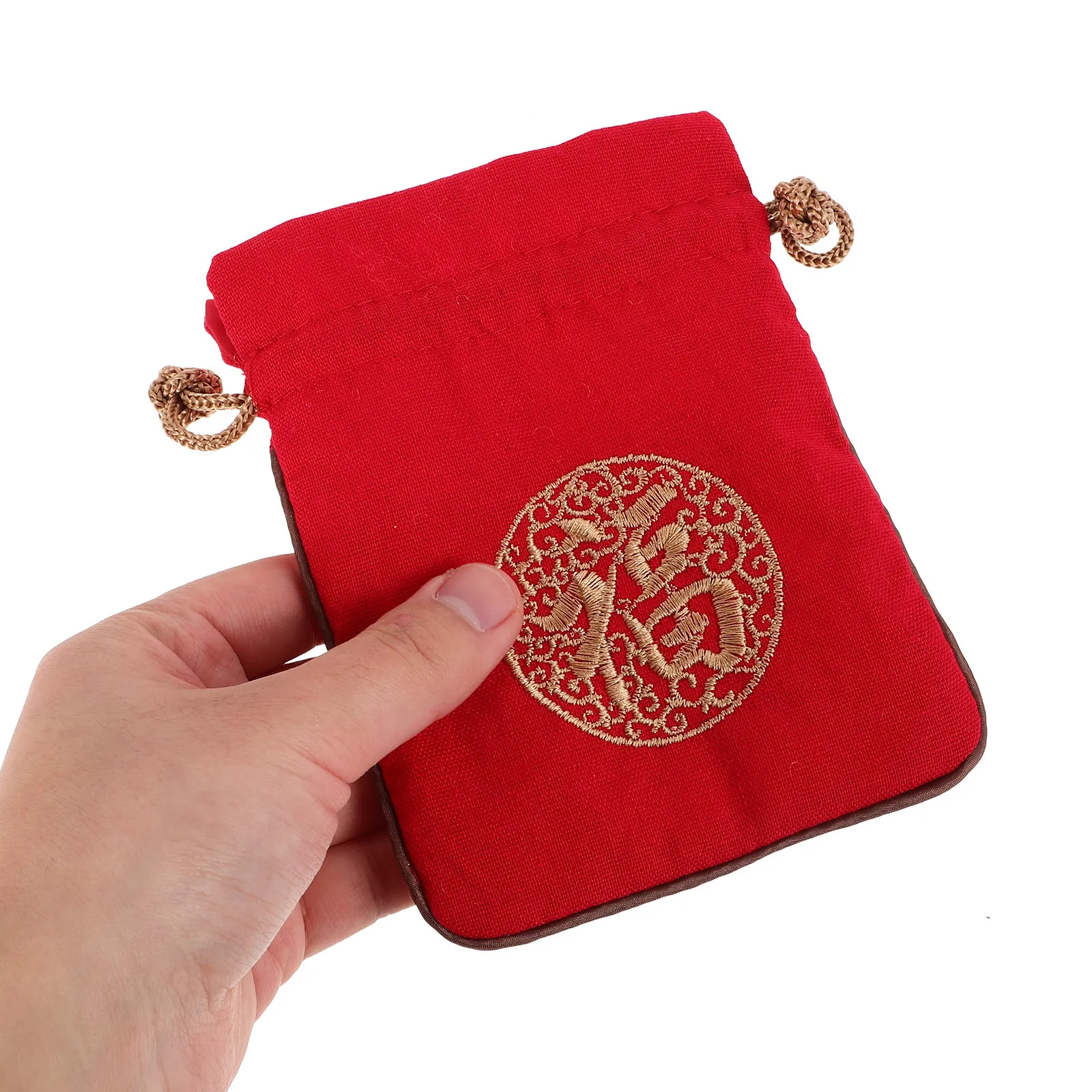 4Pcs Small Drawstring Jewelry Pouches Embroidered Fortune Design Burlap Material Reusable Organizers for Wedding Favors Travel