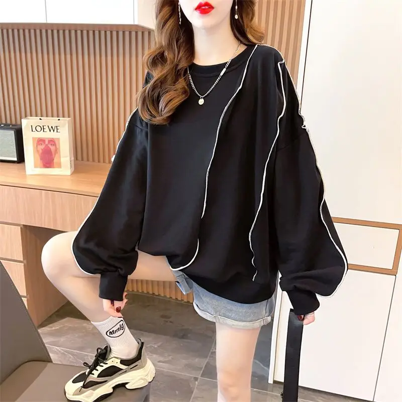 Korean Fashion Spring Autumn Women\'s Solid O-Neck Three-dimensional Decoration Streetwear Casual Long Sleeve Sweatshirts Tops