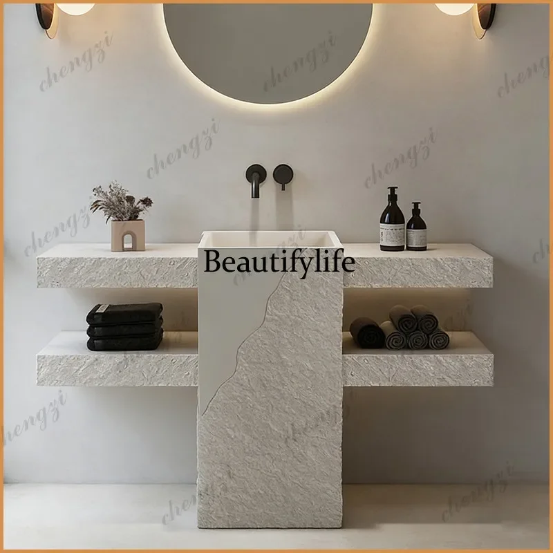 TTT  wabi-sabi style with countertop rack wash basin, bathroom integrated floor-to-ceiling wash table custom column basin