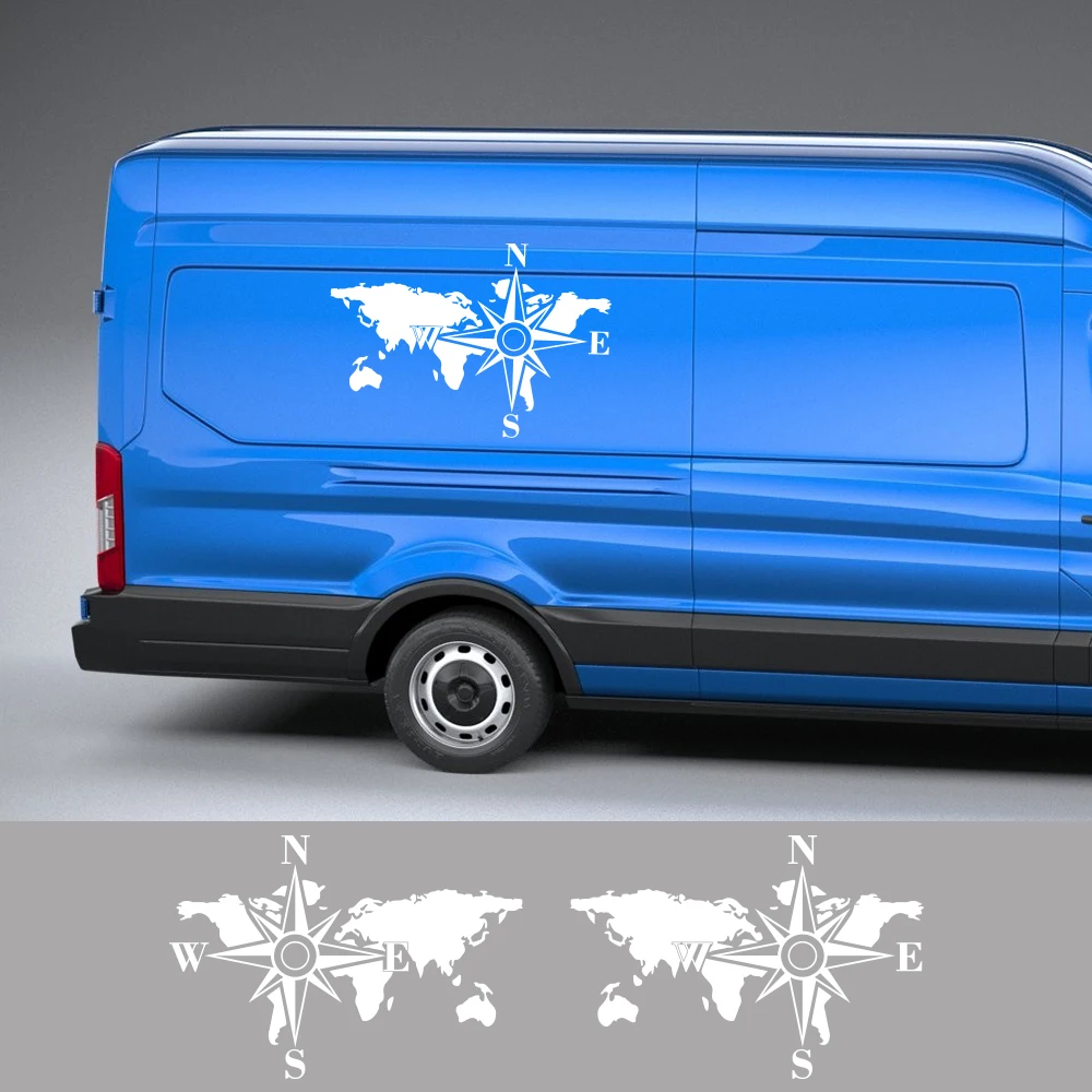 Car Side Body Sticker Graphics World Map Compass Edition Decor Decal For Van SUV Camper RV Motorhome Cargo Auto DIY Vinyl Cover