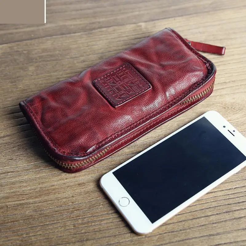 Casual vintage designer handmade genuine leather men's large-capacity long wallet luxury real cow leather phone clutch bag