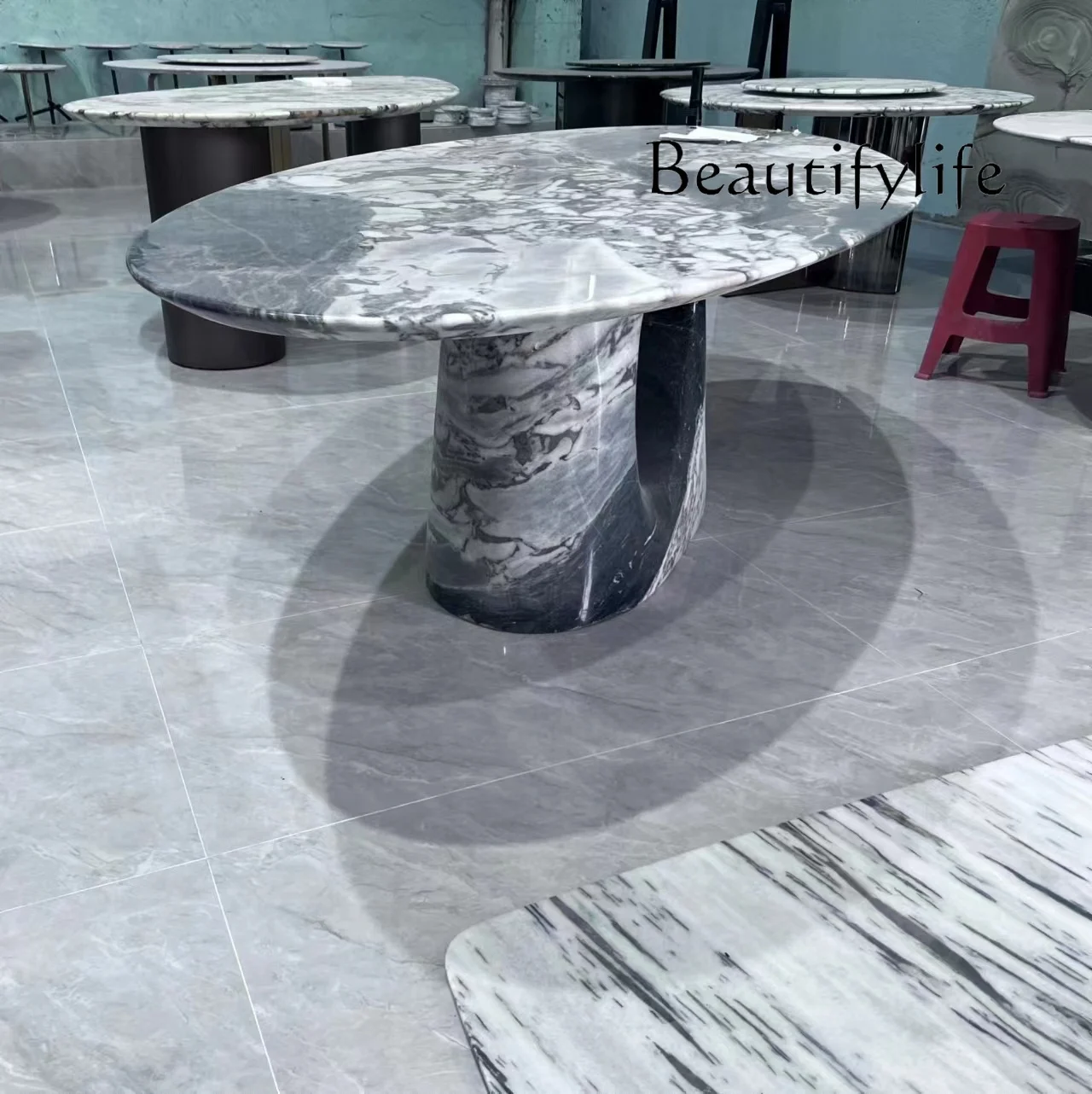 Nordic Simple Retro Natural Marble Dining-Table Restaurant High-End Oval Dining Table