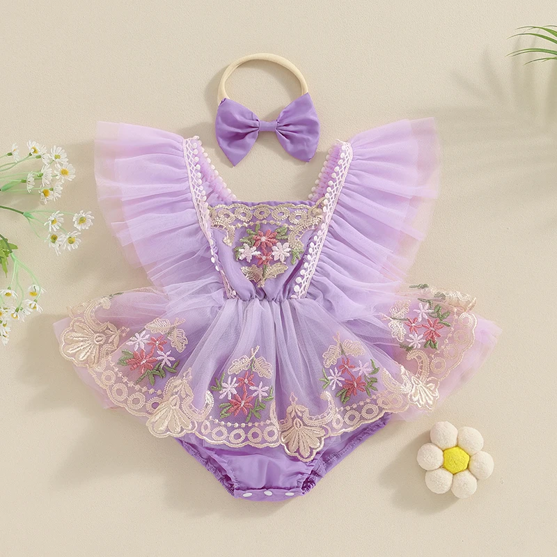 Newborn Baby Girls Rompers Flower Embroidery Mesh Tulle Dress with Headband Infant Summer Outfits