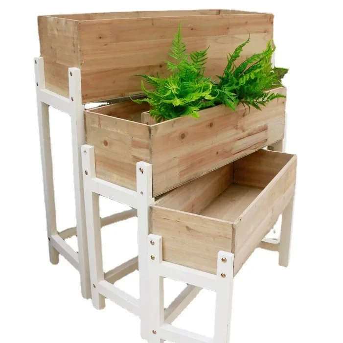 Mesa de flores pastoral de madera con soporte para flores, maceta grande de partición, espacio de diseño para almacenar retro