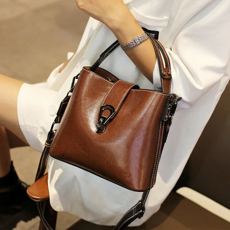 Real Cowhide Leather Women's New Bucket Bag Lady Fashion Single Shoulder Messenger Bag Versatile Handbag Casual Crossbody Bags