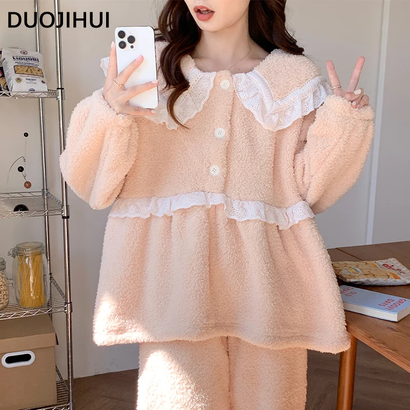 DUOJIHUI Korean Style Loose Sweet Chicly Lace Female Pajamas Set Winter Thick Warm Soft Simple Casual Fashion Pajamas for Women