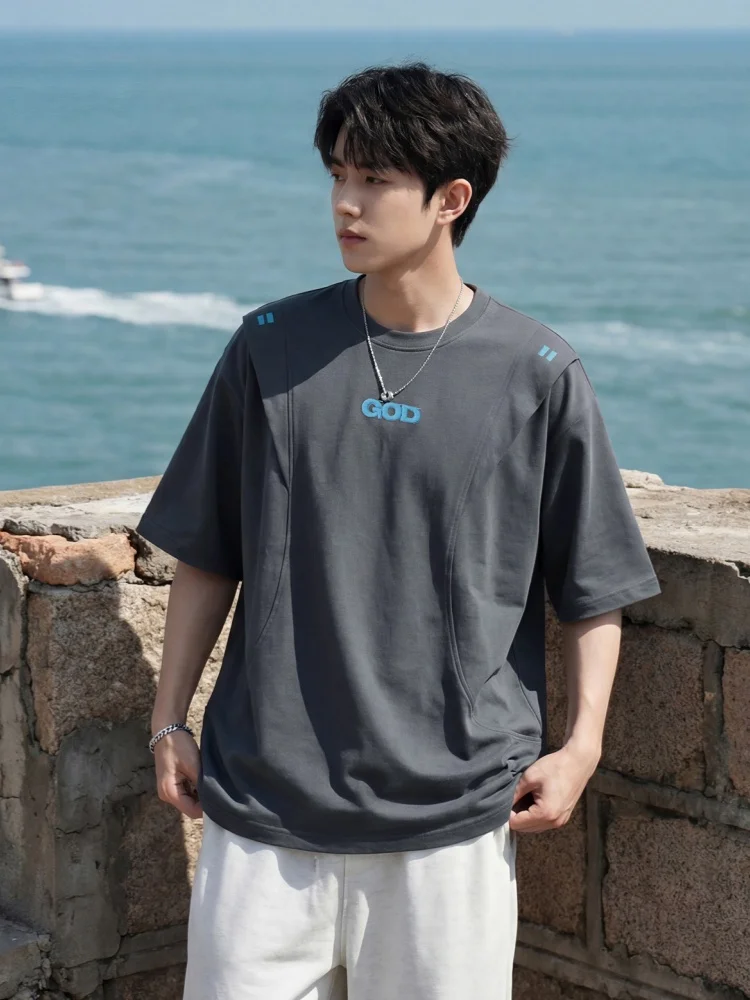 Men's Patchwork Letter Short-Sleeved T-Shirt Contrast-Colour Embroidered Half-Sleeve Top Soft, Versatile and Relaxed Fit