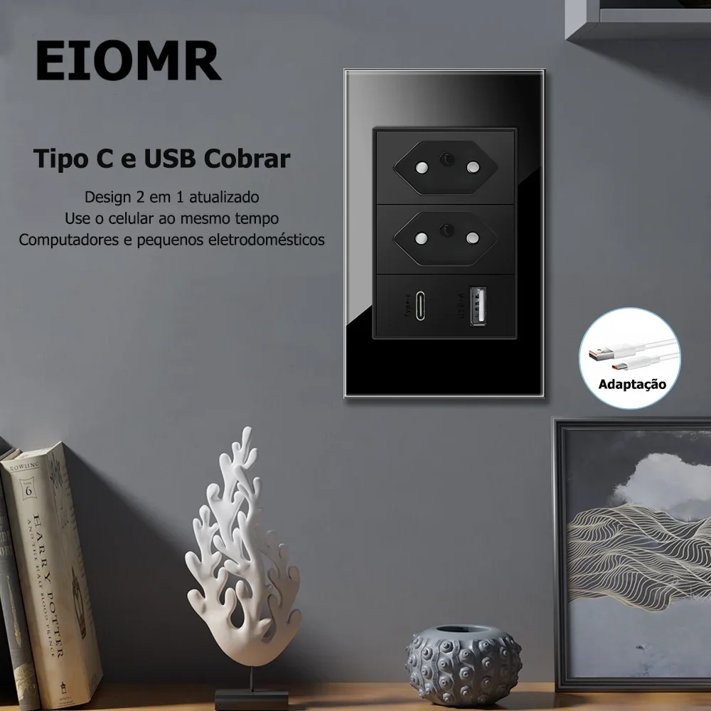 EIOMR Brazil Standard USB Type C Power Socket Crystal Glass Panel AC 110V~250V Wall Light Switch Home Office Electrical Plug 20A